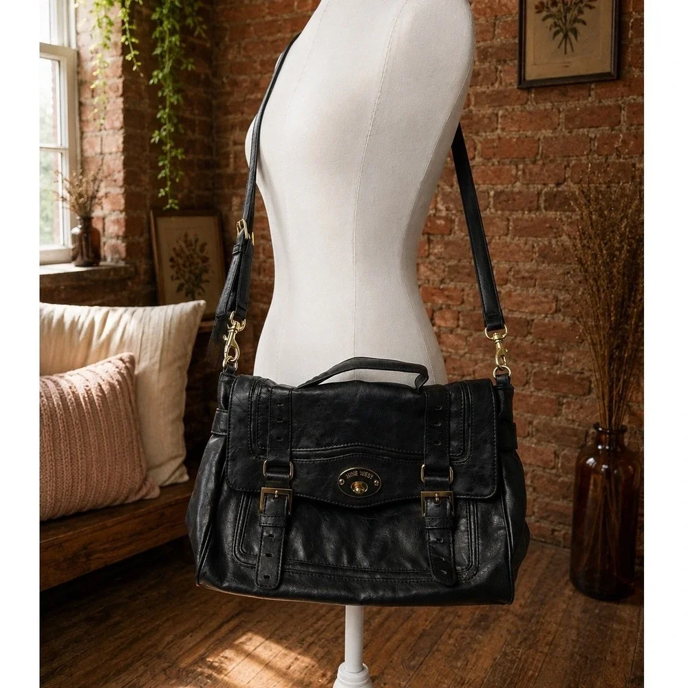 Nine West Black Faux Leather Satchel Crossbody Bag Gold Y2K 2000S McBling Boho